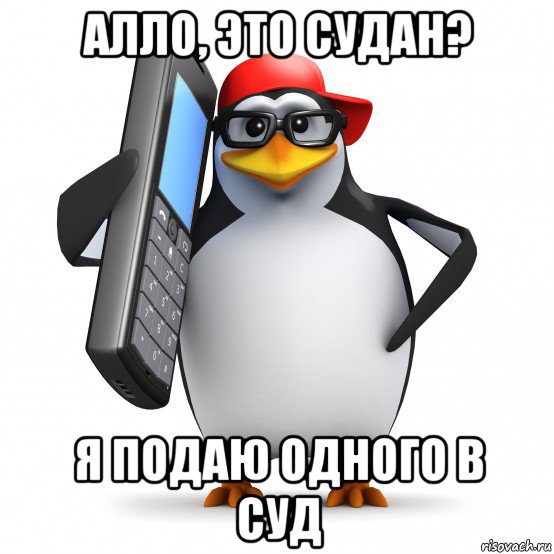 алло, это судан? я подаю одного в суд, Мем   Пингвин звонит