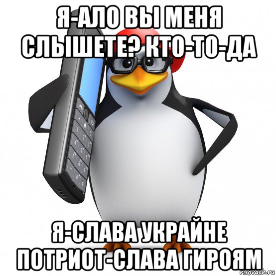 я-ало вы меня слышете? кто-то-да я-слава украйне потриот-слава гироям, Мем   Пингвин звонит