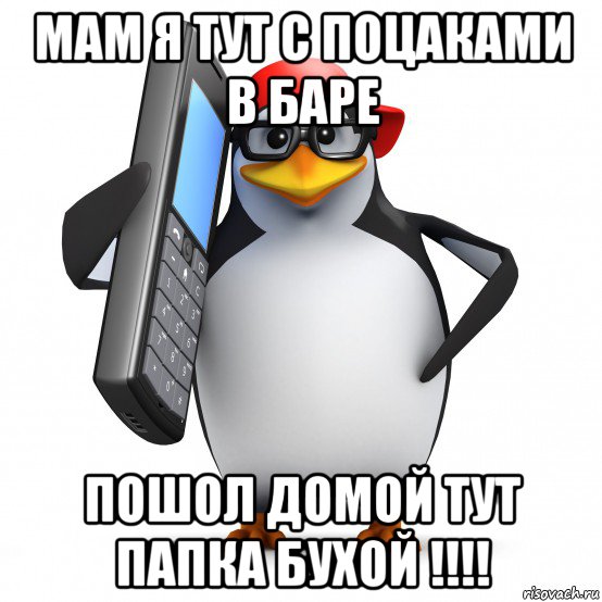 мам я тут с поцаками в баре пошол домой тут папка бухой !!!!, Мем   Пингвин звонит