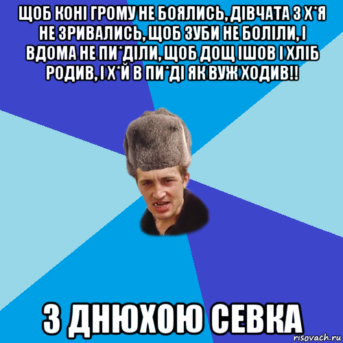 щоб коні грому не боялись, дівчата з х*я не зривались, щоб зуби не боліли, і вдома не пи*діли, щоб дощ ішов і хліб родив, і х*й в пи*ді як вуж ходив!! з днюхою севка, Мем Празднчний паца