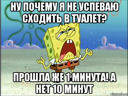 ну почему я не успеваю сходить в туалет? прошла же 1 минута! а нет 10 минут, Мем Спанч Боб плачет