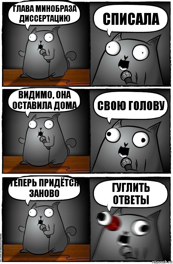 Глава Минобраза диссертацию Списала Видимо, она оставила дома Свою голову Теперь придётся заново Гуглить ответы, Комикс  Стендап-кот