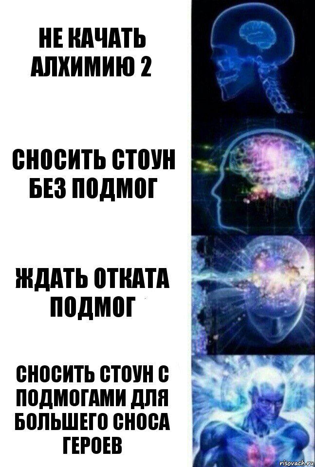 не качать алхимию 2 сносить стоун без подмог ждать отката подмог сносить стоун с подмогами для большего сноса героев, Комикс  Сверхразум