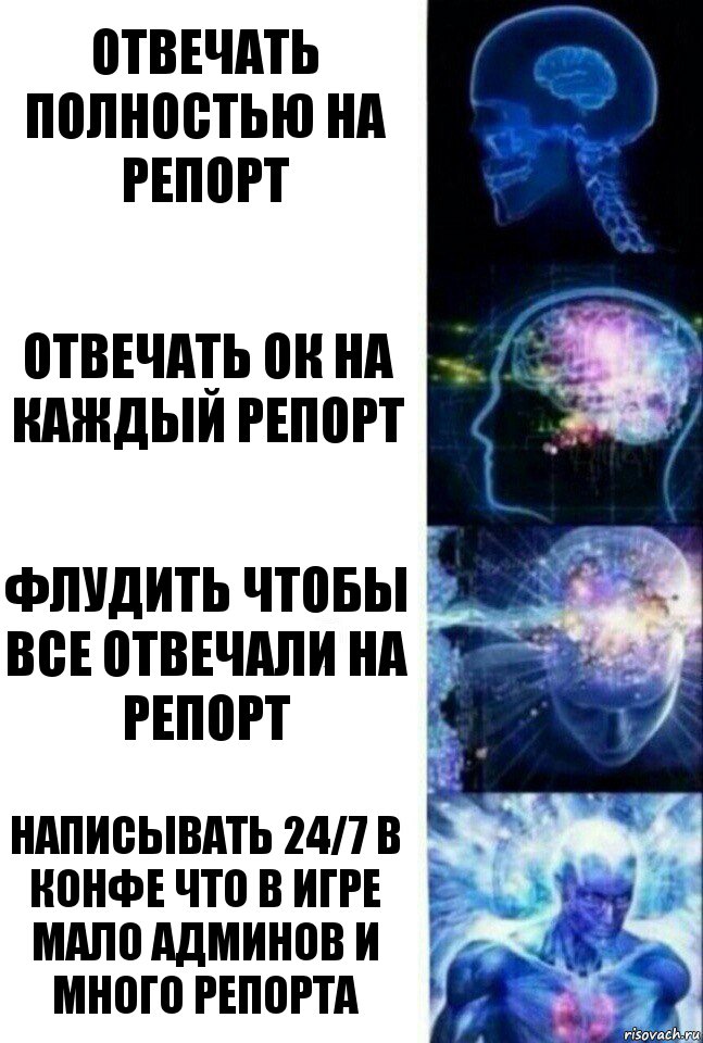 Отвечать полностью на репорт Отвечать ок на каждый репорт Флудить чтобы все отвечали на репорт Написывать 24/7 в конфе что в игре мало админов и много репорта, Комикс  Сверхразум