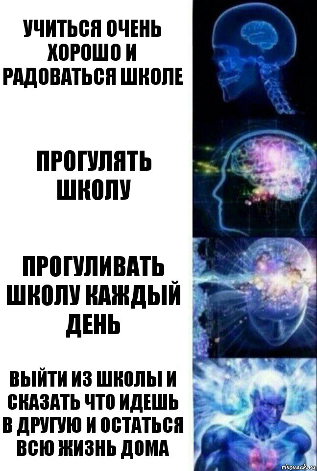 УЧИТЬСЯ ОЧЕНЬ ХОРОШО И РАДОВАТЬСЯ ШКОЛЕ ПРОГУЛЯТЬ ШКОЛУ ПРОГУЛИВАТЬ ШКОЛУ КАЖДЫЙ ДЕНЬ ВЫЙТИ ИЗ ШКОЛЫ И СКАЗАТЬ ЧТО ИДЕШЬ В ДРУГУЮ И ОСТАТЬСЯ ВСЮ ЖИЗНЬ ДОМА, Комикс  Сверхразум