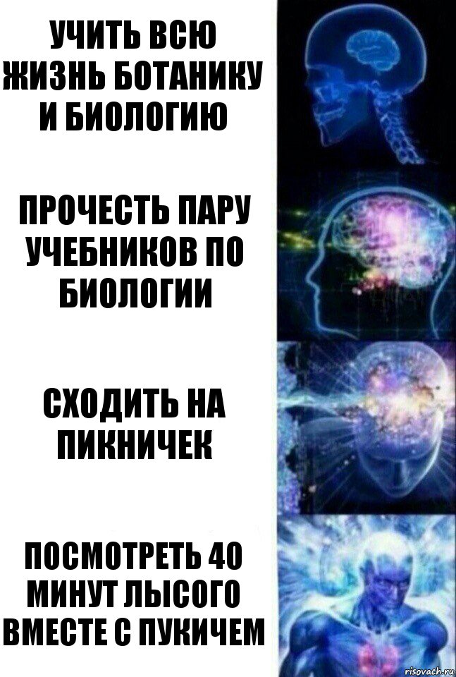 учить всю жизнь ботанику и биологию прочесть пару учебников по биологии сходить на пикничек Посмотреть 40 минут лысого вместе с Пукичем, Комикс  Сверхразум