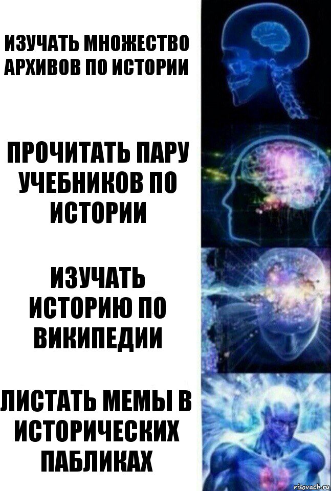 Изучать множество архивов по истории Прочитать пару учебников по истории Изучать историю по википедии Листать мемы в исторических пабликах, Комикс  Сверхразум