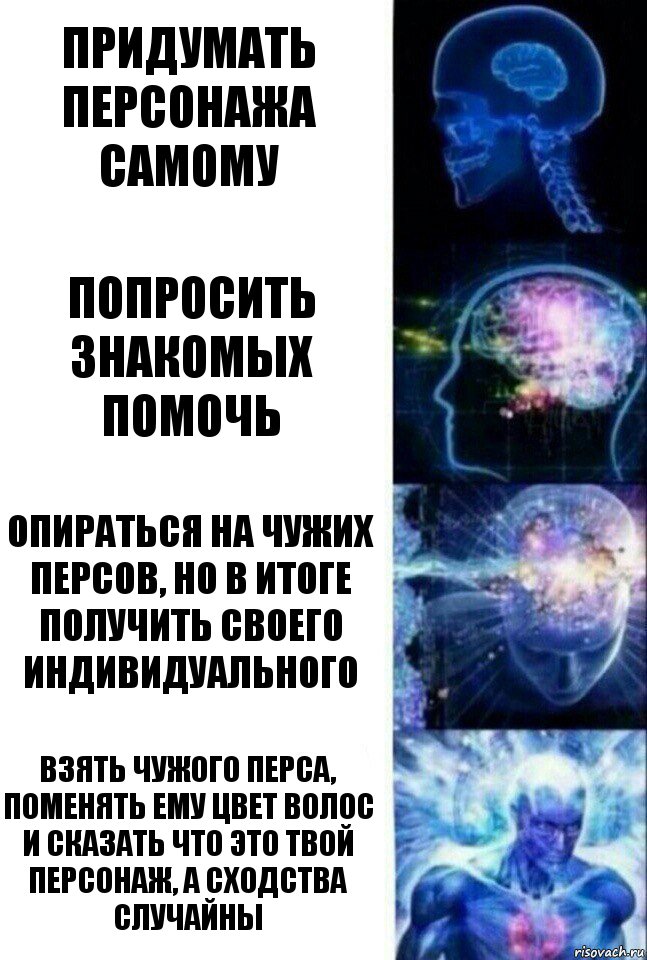 Придумать персонажа самому Попросить знакомых помочь Опираться на чужих персов, но в итоге получить своего индивидуального Взять чужого перса, поменять ему цвет волос и сказать что это твой персонаж, а сходства случайны, Комикс  Сверхразум