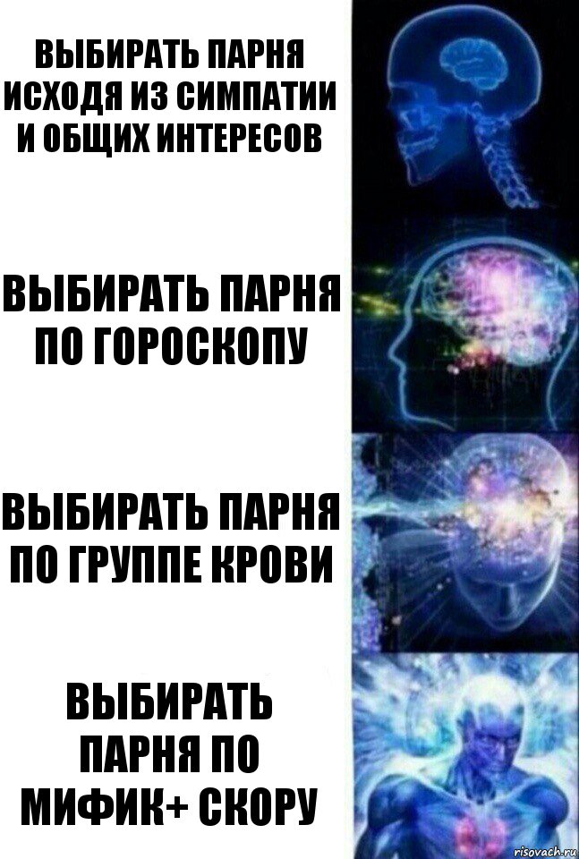 Выбирать парня исходя из симпатии и общих интересов Выбирать парня по гороскопу выбирать парня по группе крови выбирать парня по мифик+ скору, Комикс  Сверхразум