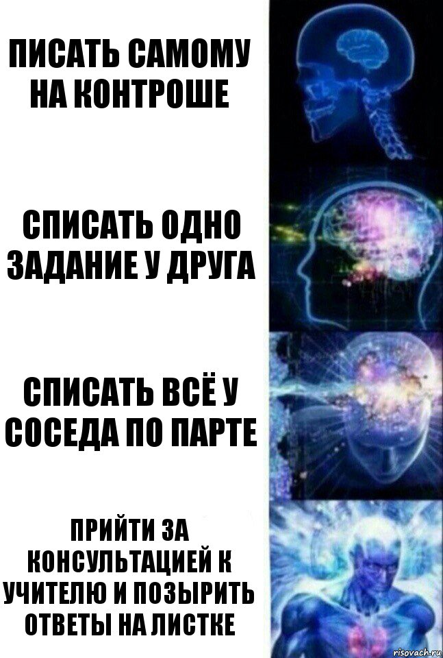 Писать самому на контроше Списать одно задание у друга Списать всё у соседа по парте Прийти за консультацией к учителю и позырить ответы на листке, Комикс  Сверхразум