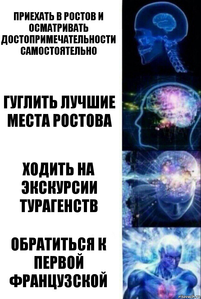 Приехать в ростов и осматривать достопримечательности самостоятельно Гуглить лучшие места ростова Ходить на экскурсии турагенств Обратиться к первой французской, Комикс  Сверхразум