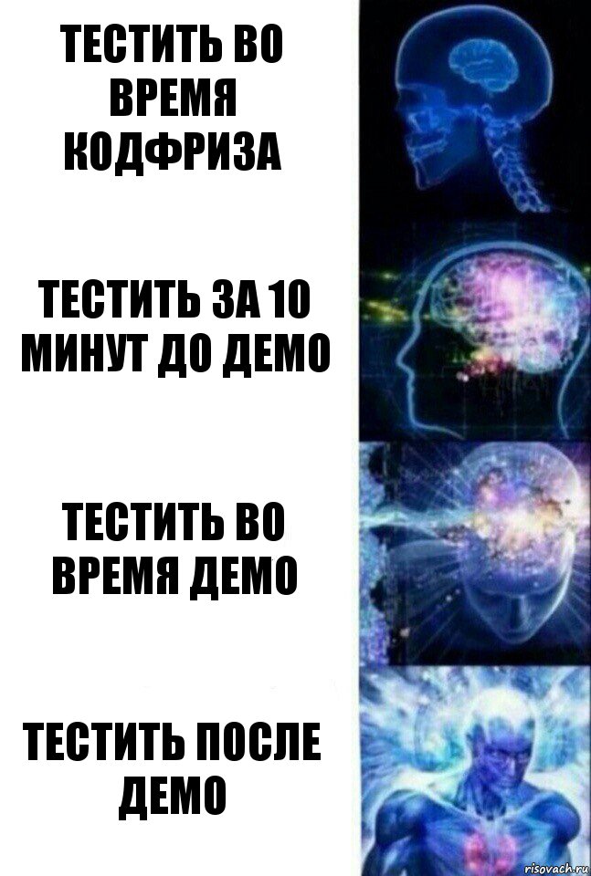 тестить во время кодфриза тестить за 10 минут до демо тестить во время демо тестить после демо, Комикс  Сверхразум