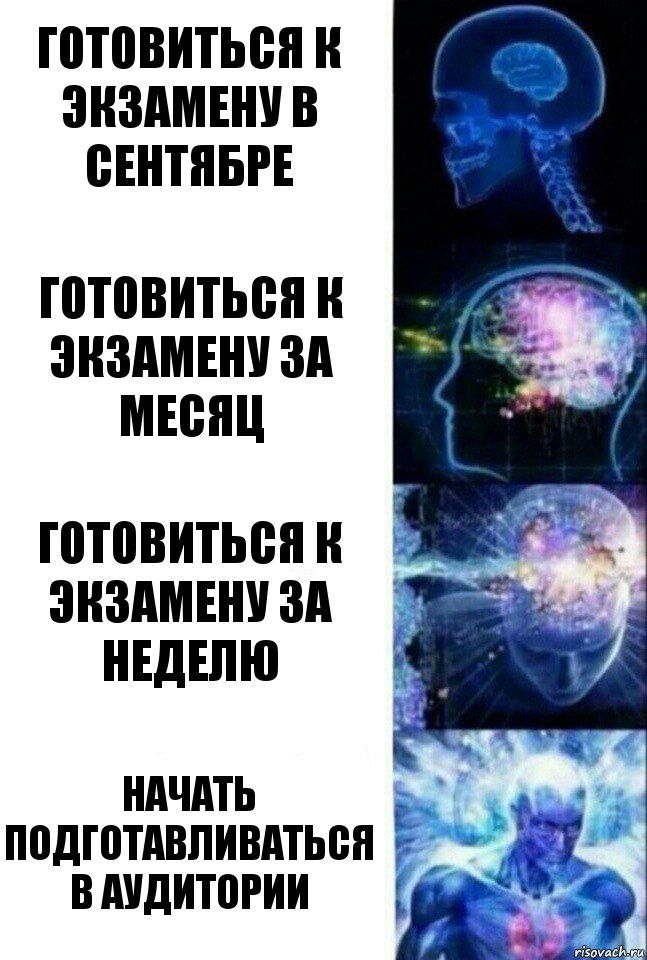 Готовиться к экзамену в сентябре готовиться к экзамену за месяц готовиться к экзамену за неделю начать подготавливаться в аудитории, Комикс  Сверхразум