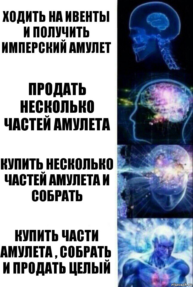 ходить на ивенты и получить имперский амулет продать несколько частей амулета купить несколько частей амулета и собрать купить части амулета , собрать и продать целый, Комикс  Сверхразум