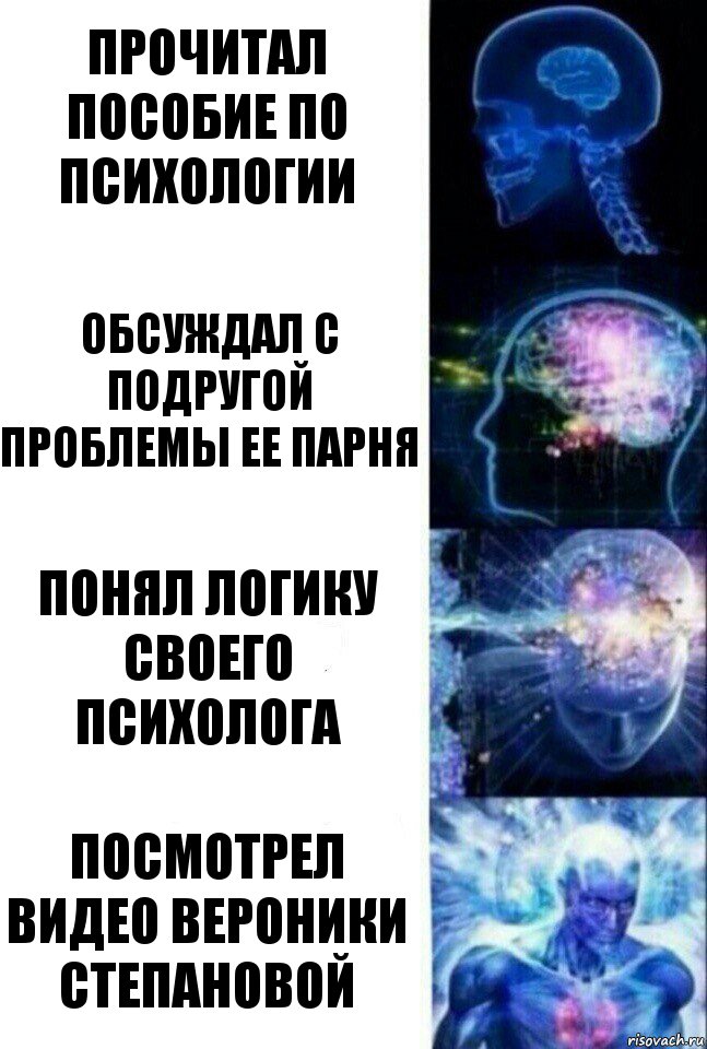 ПРОЧИТАЛ ПОСОБИЕ ПО ПСИХОЛОГИИ ОБСУЖДАЛ С ПОДРУГОЙ ПРОБЛЕМЫ ЕЕ ПАРНЯ ПОНЯЛ ЛОГИКУ СВОЕГО ПСИХОЛОГА ПОСМОТРЕЛ ВИДЕО ВЕРОНИКИ СТЕПАНОВОЙ, Комикс  Сверхразум