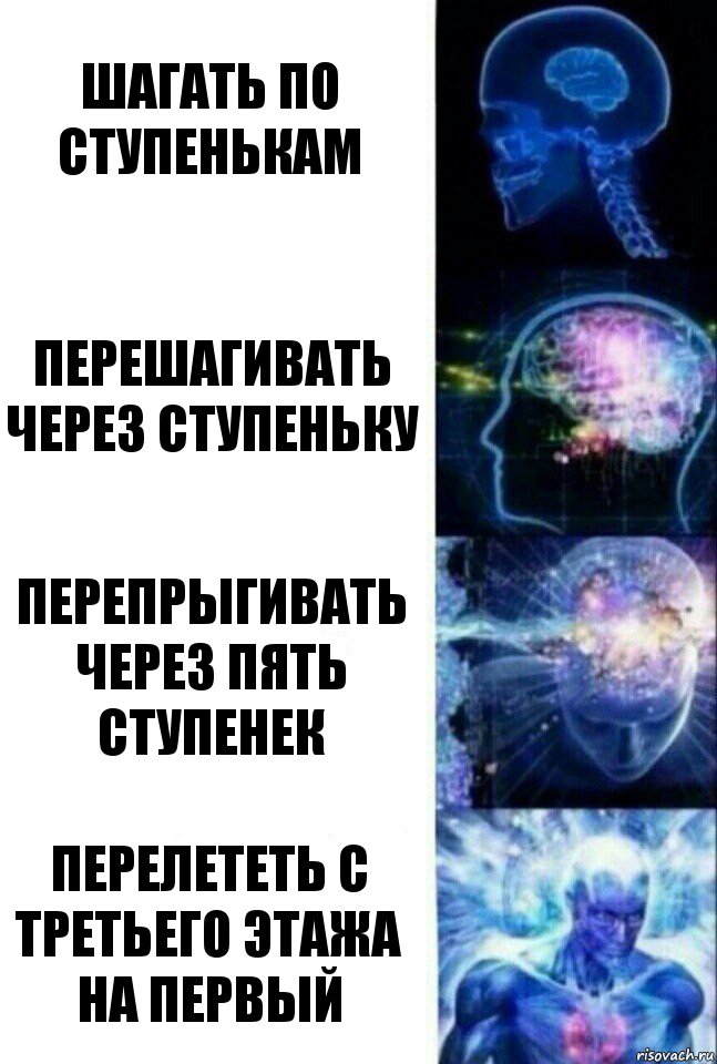 Шагать по ступенькам Перешагивать через ступеньку Перепрыгивать через пять ступенек Перелететь с третьего этажа на первый, Комикс  Сверхразум