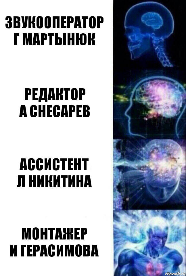 звукооператор
Г Мартынюк редактор
А Снесарев ассистент
Л Никитина монтажер
И Герасимова, Комикс  Сверхразум