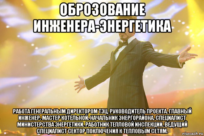 оброзование инженера-энергетика работа генеральным директором тэц. руководитель проекта. главный инженер. мастер котельной. начальник энергорайона. специалист министерства энергетики. работник тепловой инспекции. ведущий специалист сектор поключения к тепловым сетям., Мем Тони Старк (Роберт Дауни младший)