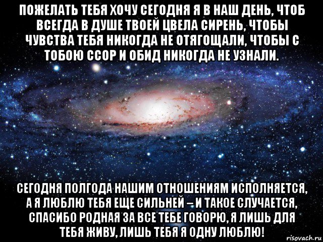 пожелать тебя хочу сегодня я в наш день, чтоб всегда в душе твоей цвела сирень, чтобы чувства тебя никогда не отягощали, чтобы с тобою ссор и обид никогда не узнали. сегодня полгода нашим отношениям исполняется, а я люблю тебя еще сильней – и такое случается, спасибо родная за все тебе говорю, я лишь для тебя живу, лишь тебя я одну люблю!, Мем Вселенная