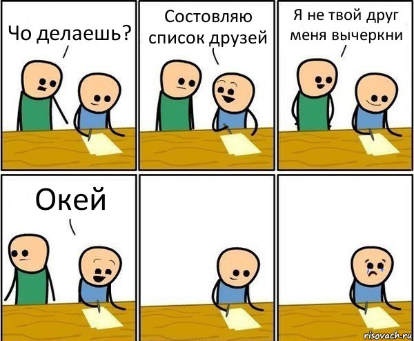 Чо делаешь? Состовляю список друзей Я не твой друг меня вычеркни Окей