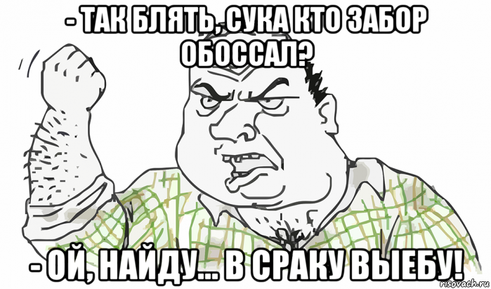 - так блять, сука кто забор обоссал? - ой, найду... в сраку выебу!, Мем Будь мужиком