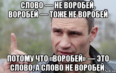 слово — не воробей, воробей — тоже не воробей потому что «воробей» — это слово, а слово не воробей.