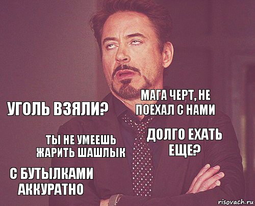   уголь взяли? с бутылками аккуратно долго ехать еще? мага черт, не поехал с нами ты не умеешь жарить шашлык   , Комикс мое лицо