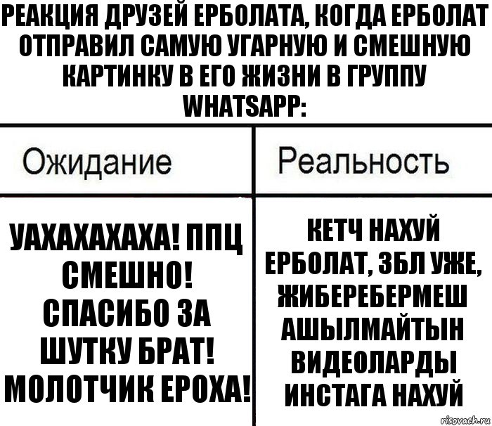 Реакция друзей Ерболата, когда Ерболат отправил самую угарную и смешную картинку в его жизни в группу whatsapp: Уахахахаха! Ппц смешно! Спасибо за шутку БРАТ! Молотчик Ероха! Кетч нахуй Ерболат, збл уже, жиберебермеш ашылмайтын видеоларды инстага нахуй, Комикс  Ожидание - реальность