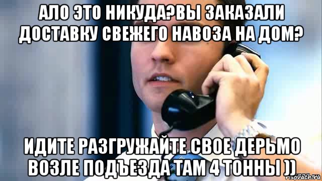 ало это никуда?вы заказали доставку свежего навоза на дом? идите разгружайте свое дерьмо возле подъезда там 4 тонны )), Мем Парень с телефоном