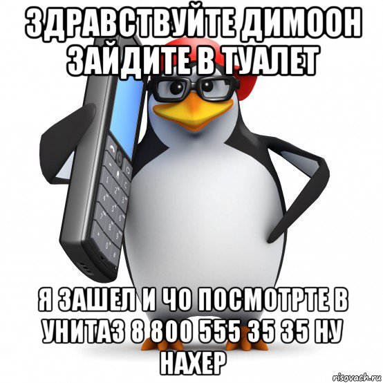 здравствуйте димоон зайдите в туалет я зашел и чо посмотрте в унитаз 8 800 555 35 35 ну нахер, Мем   Пингвин звонит