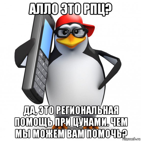 алло это рпц? да, это региональная помощь при цунами. чем мы можем вам помочь?, Мем   Пингвин звонит