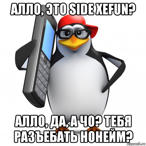 алло, это side xefun? алло, да, а чо? тебя разъебать нонейм?, Мем   Пингвин звонит