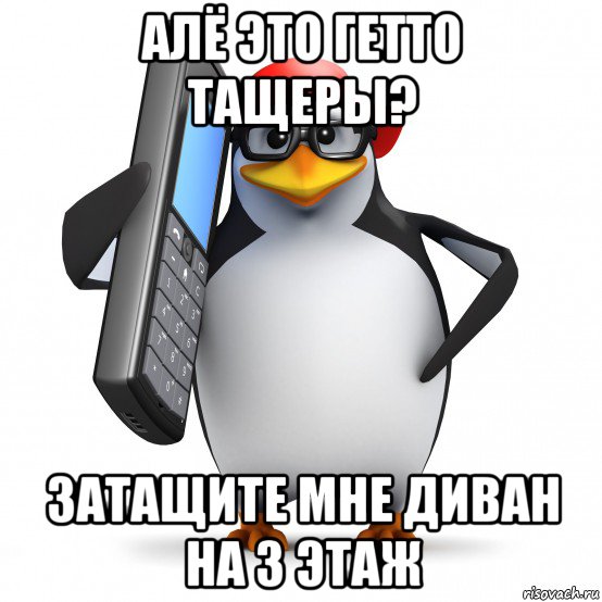 алё это гетто тащеры? затащите мне диван на 3 этаж, Мем   Пингвин звонит