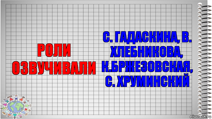 Роли озвучивали С. ГАДАСКИНА, В. ХЛЕБНИКОВА, К.БРЖЕЗОВСКАЯ, С. ХРУМИНСКИЙ