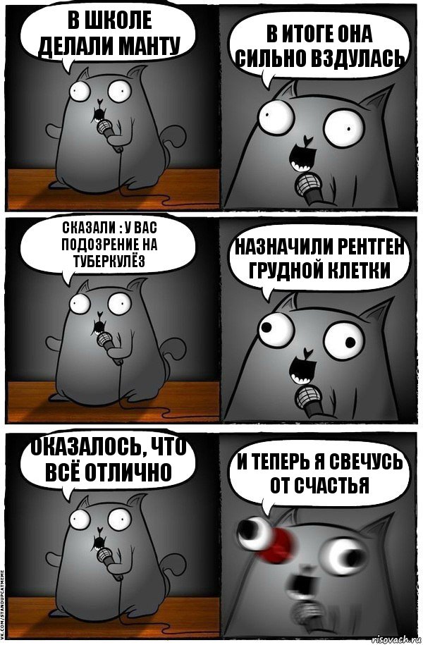 В школе делали манту В итоге она сильно вздулась Сказали : у вас подозрение на туберкулёз Назначили рентген грудной клетки Оказалось, что всё отлично И теперь я свечусь от счастья, Комикс  Стендап-кот