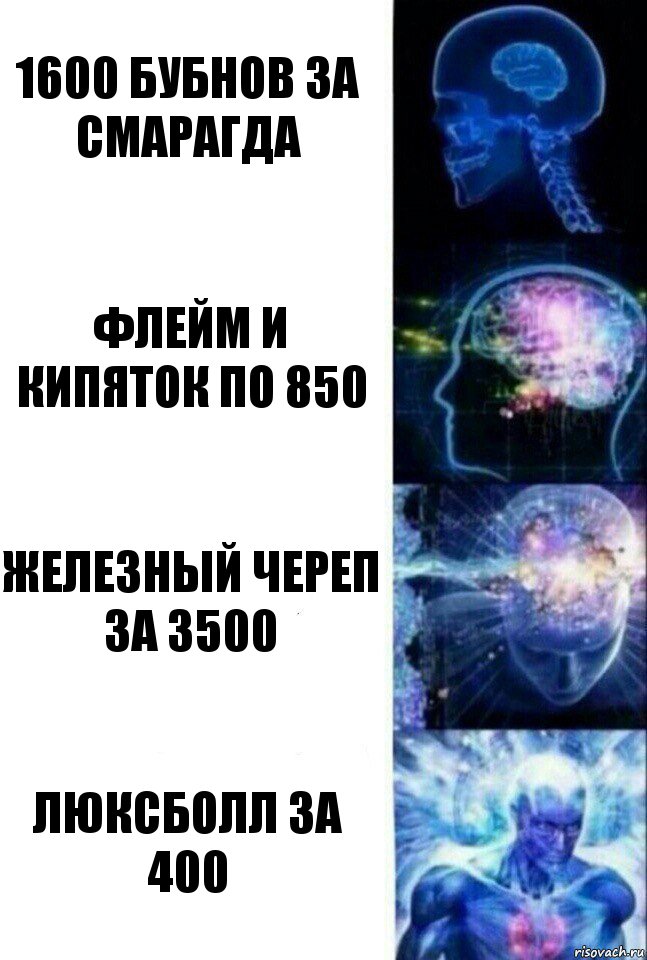 1600 бубнов за смарагда флейм и кипяток по 850 железный череп за 3500 люксболл за 400, Комикс  Сверхразум