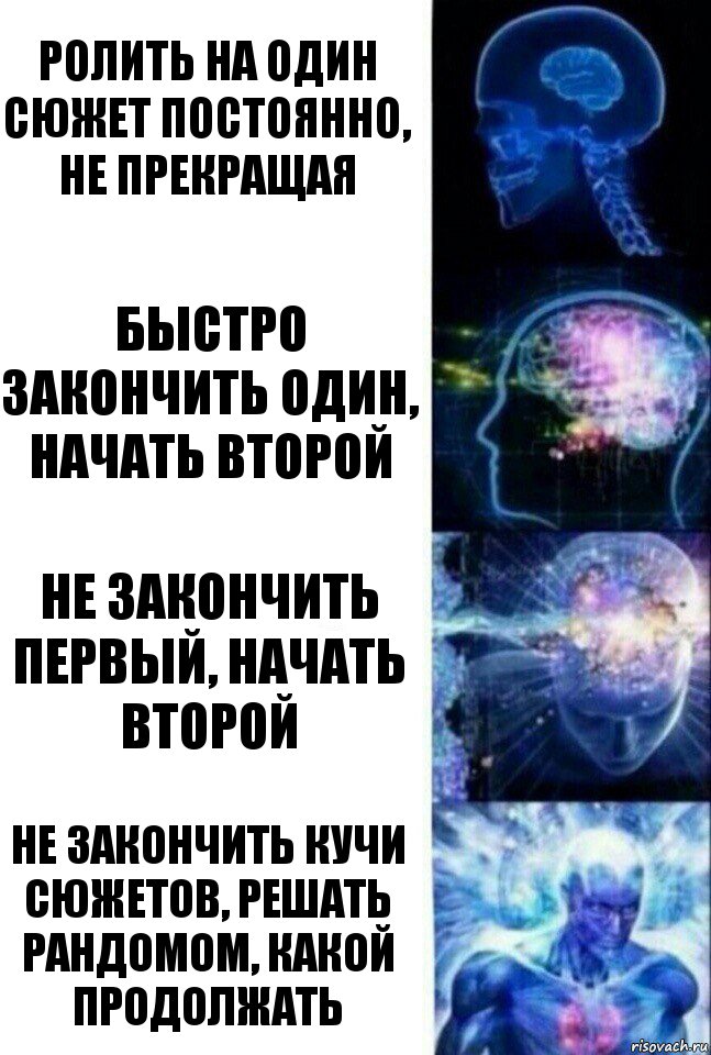 ролить на один сюжет постоянно, не прекращая быстро закончить один, начать второй не закончить первый, начать второй не закончить кучи сюжетов, решать рандомом, какой продолжать, Комикс  Сверхразум