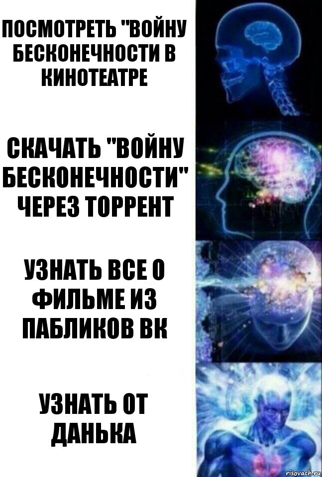 Посмотреть "Войну бесконечности в кинотеатре Скачать "Войну бесконечности" через торрент Узнать все о фильме из пабликов вк Узнать от Данька, Комикс  Сверхразум