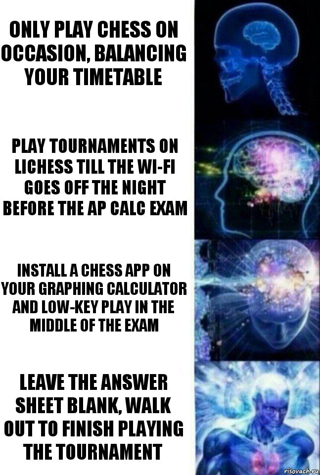 Only play chess on occasion, balancing your timetable play tournaments on lichess till the wi-fi goes off the night before the AP Calc exam install a chess app on your graphing calculator and low-key play in the middle of the exam leave the answer sheet blank, walk out to finish playing the tournament, Комикс  Сверхразум