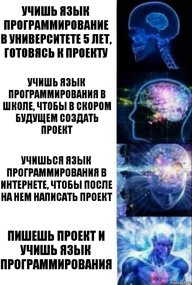 Учишь язык программирование в университете 5 лет, готовясь к проекту учишь язык программирования в школе, чтобы в скором будущем создать проект учишься язык программирования в интернете, чтобы после на нем написать проект Пишешь проект и учишь язык программирования, Комикс  Сверхразум