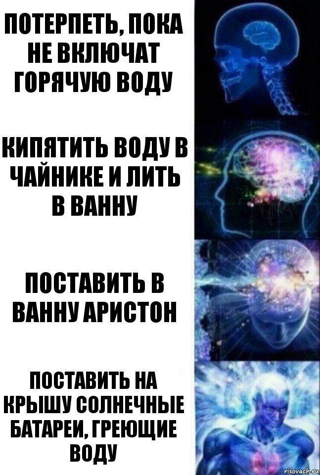 ПОТЕРПЕТЬ, ПОКА НЕ ВКЛЮЧАТ ГОРЯЧУЮ ВОДУ КИПЯТИТЬ ВОДУ В ЧАЙНИКЕ И ЛИТЬ В ВАННУ ПОСТАВИТЬ В ВАННУ АРИСТОН ПОСТАВИТЬ НА КРЫШУ СОЛНЕЧНЫЕ БАТАРЕИ, ГРЕЮЩИЕ ВОДУ, Комикс  Сверхразум