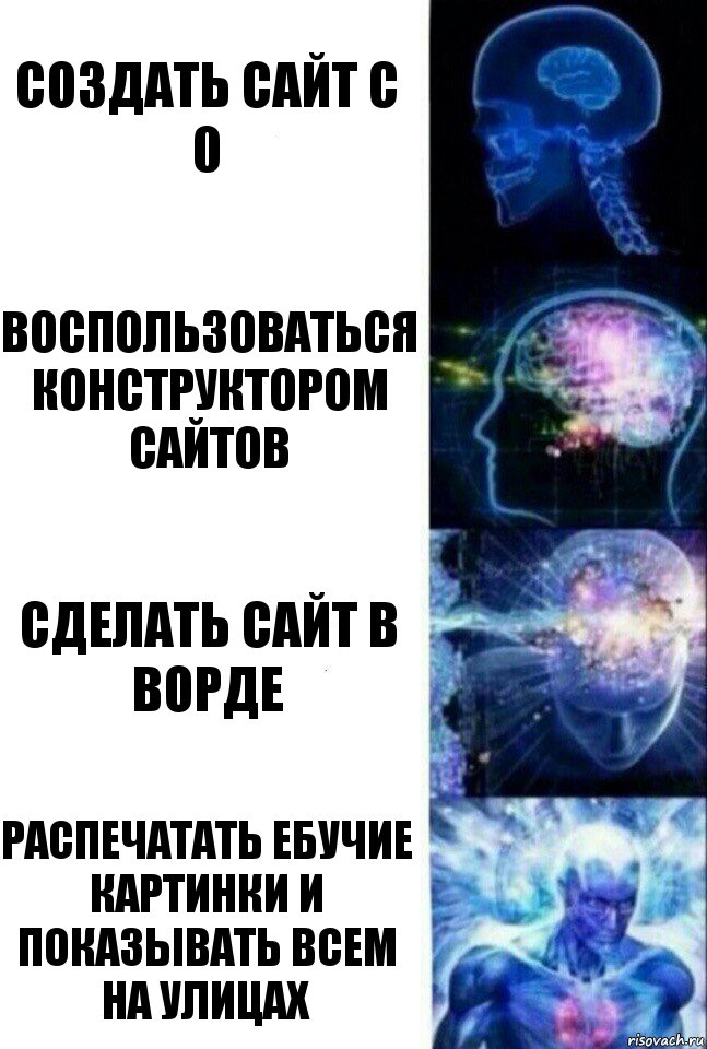 Создать сайт с 0 Воспользоваться конструктором сайтов Сделать сайт в ворде Распечатать ебучие картинки и показывать всем на улицах, Комикс  Сверхразум