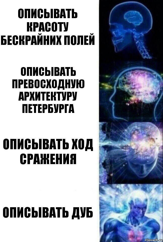 Описывать красоту бескрайних полей Описывать превосходную архитектуру Петербурга Описывать ход сражения Описывать дуб, Комикс  Сверхразум