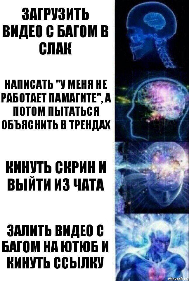 загрузить видео с багом в слак написать "у меня не работает памагите", а потом пытаться объяснить в трендах кинуть скрин и выйти из чата залить видео с багом на ютюб и кинуть ссылку, Комикс  Сверхразум