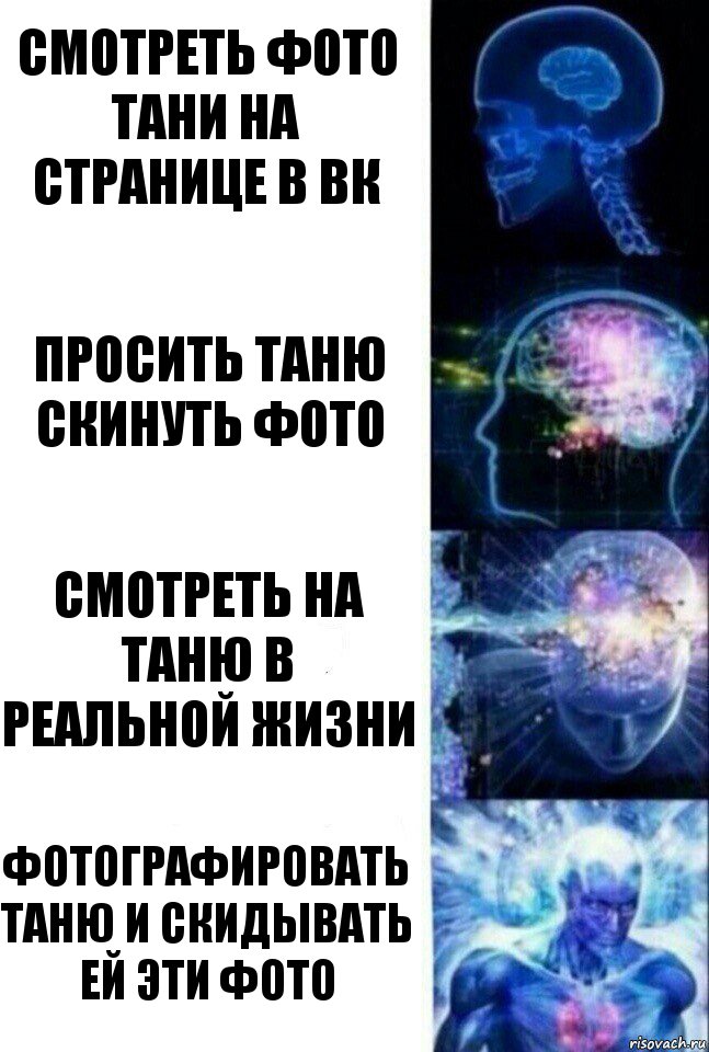 Смотреть фото Тани на странице в вк Просить Таню скинуть фото Смотреть на Таню в реальной жизни Фотографировать Таню и скидывать ей эти фото, Комикс  Сверхразум