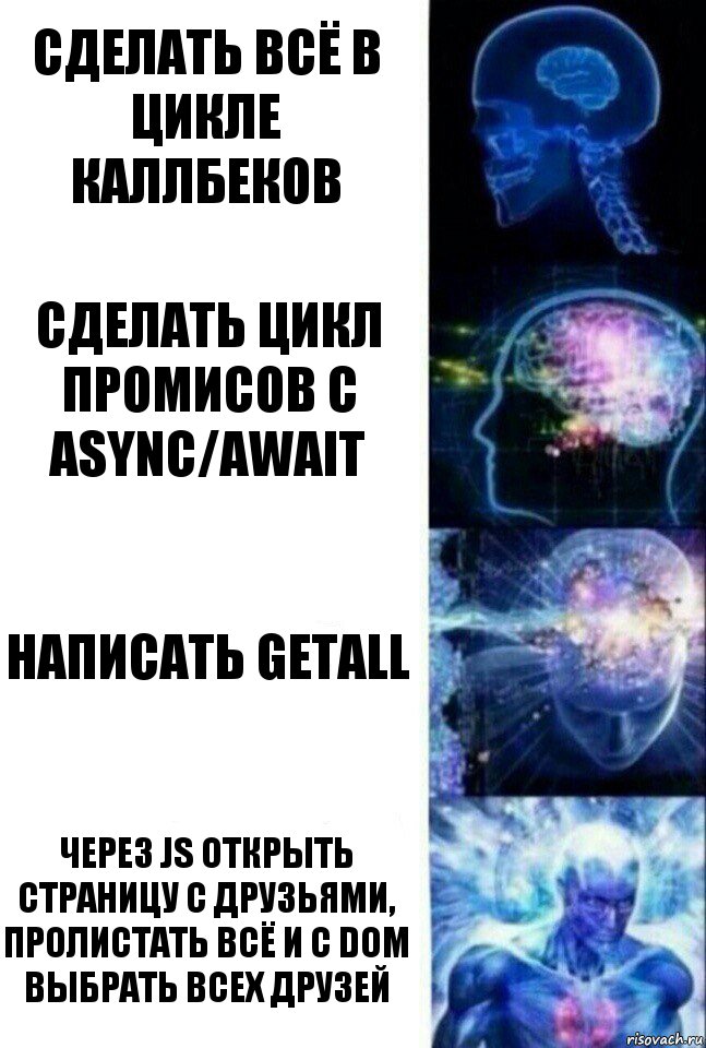 сделать всё в цикле каллбеков сделать цикл промисов с async/await написать getAll через JS открыть страницу с друзьями, пролистать всё и с DOM выбрать всех друзей, Комикс  Сверхразум