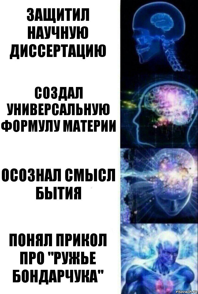 Защитил научную диссертацию Создал универсальную формулу материи Осознал смысл бытия Понял прикол про "ружье Бондарчука", Комикс  Сверхразум