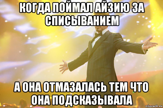 когда поймал айзию за списыванием а она отмазалась тем что она подсказывала, Мем Тони Старк (Роберт Дауни младший)