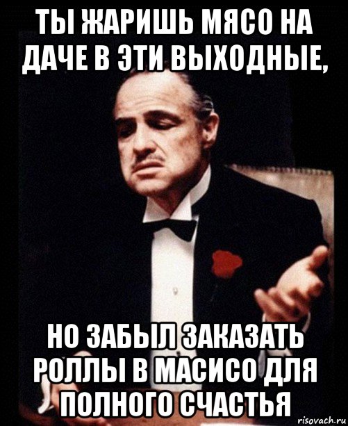 ты жаришь мясо на даче в эти выходные, но забыл заказать роллы в масисо для полного счастья, Мем ты делаешь это без уважения