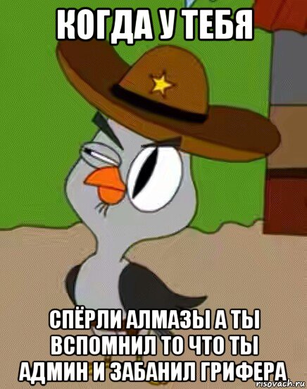 когда у тебя спёрли алмазы а ты вспомнил то что ты админ и забанил грифера, Мем    Упоротая сова